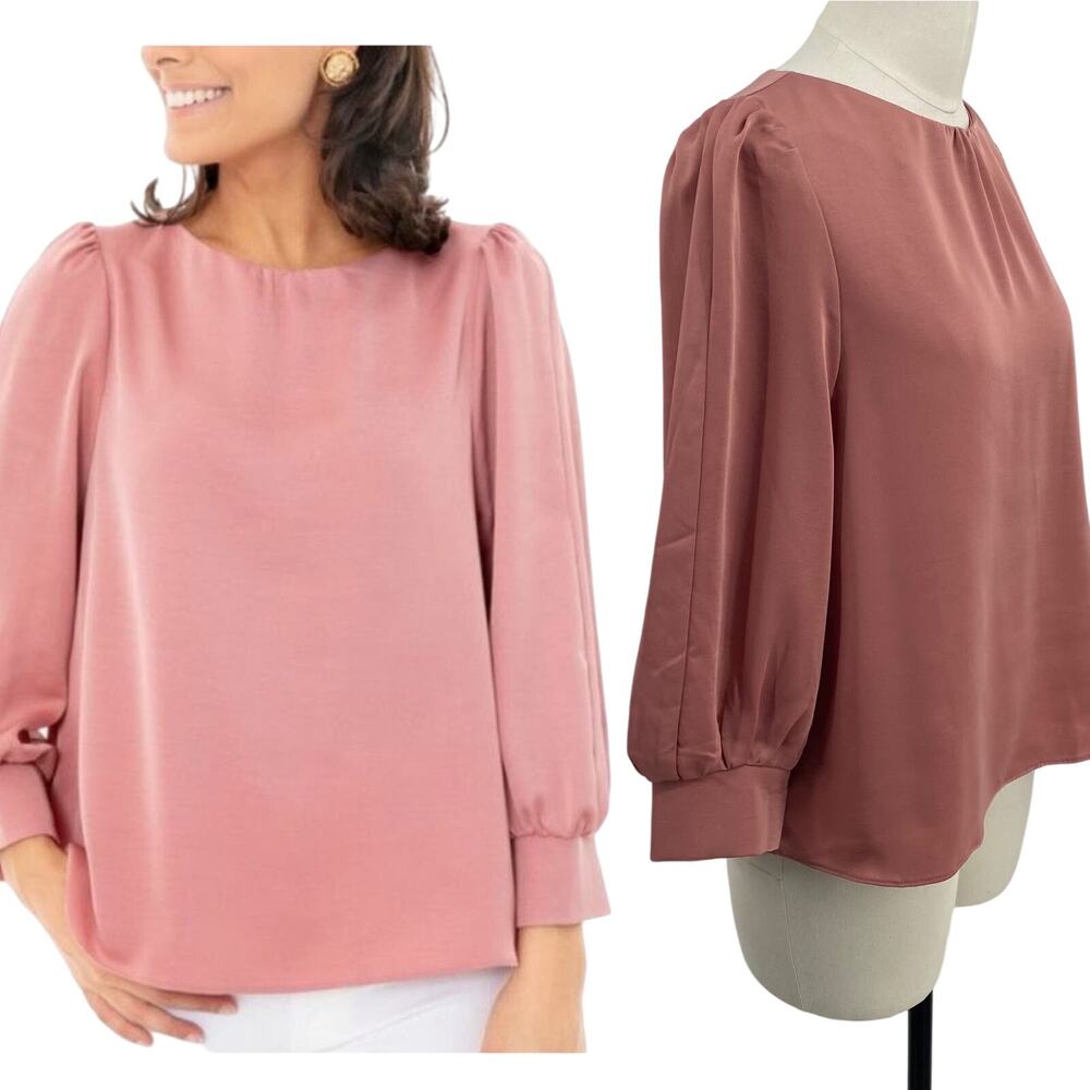 Tuckernuck Pomander Place Farah Blouse Long Puff Sleeve Satin Mauve Pink XS